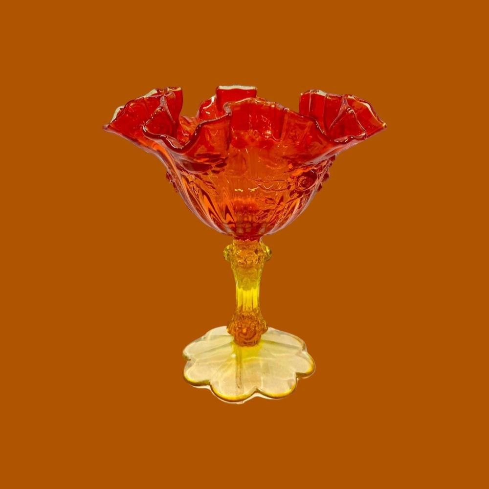 Vintage L.E. Smith Amberina Glass Ruffle Top Compote Orange Yellow 6.5"